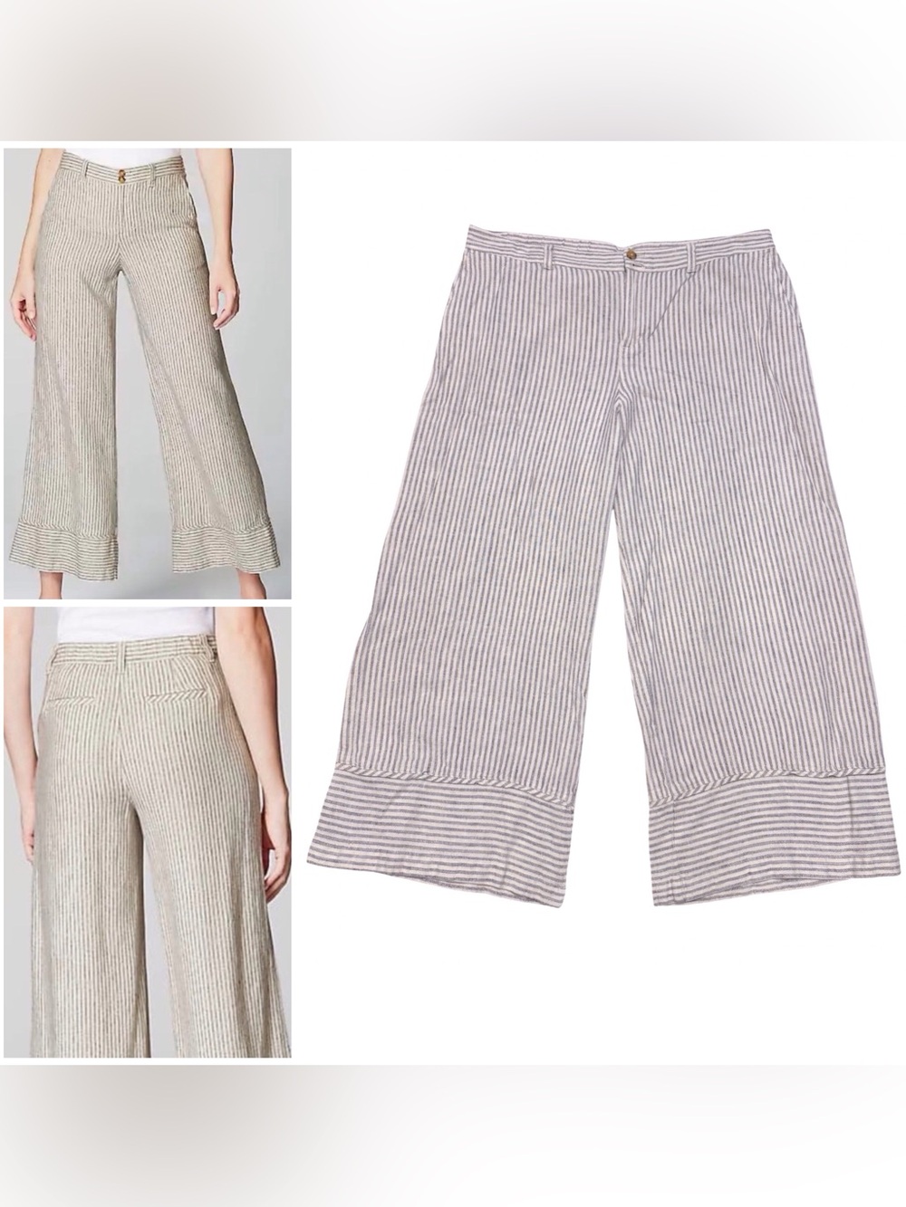 J Jill Linen Blend Striped Cropped Wide Leg Gray Cream Pants Size Large